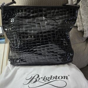Brighton Glossy Black Croc-Embossed Shoulder Bag